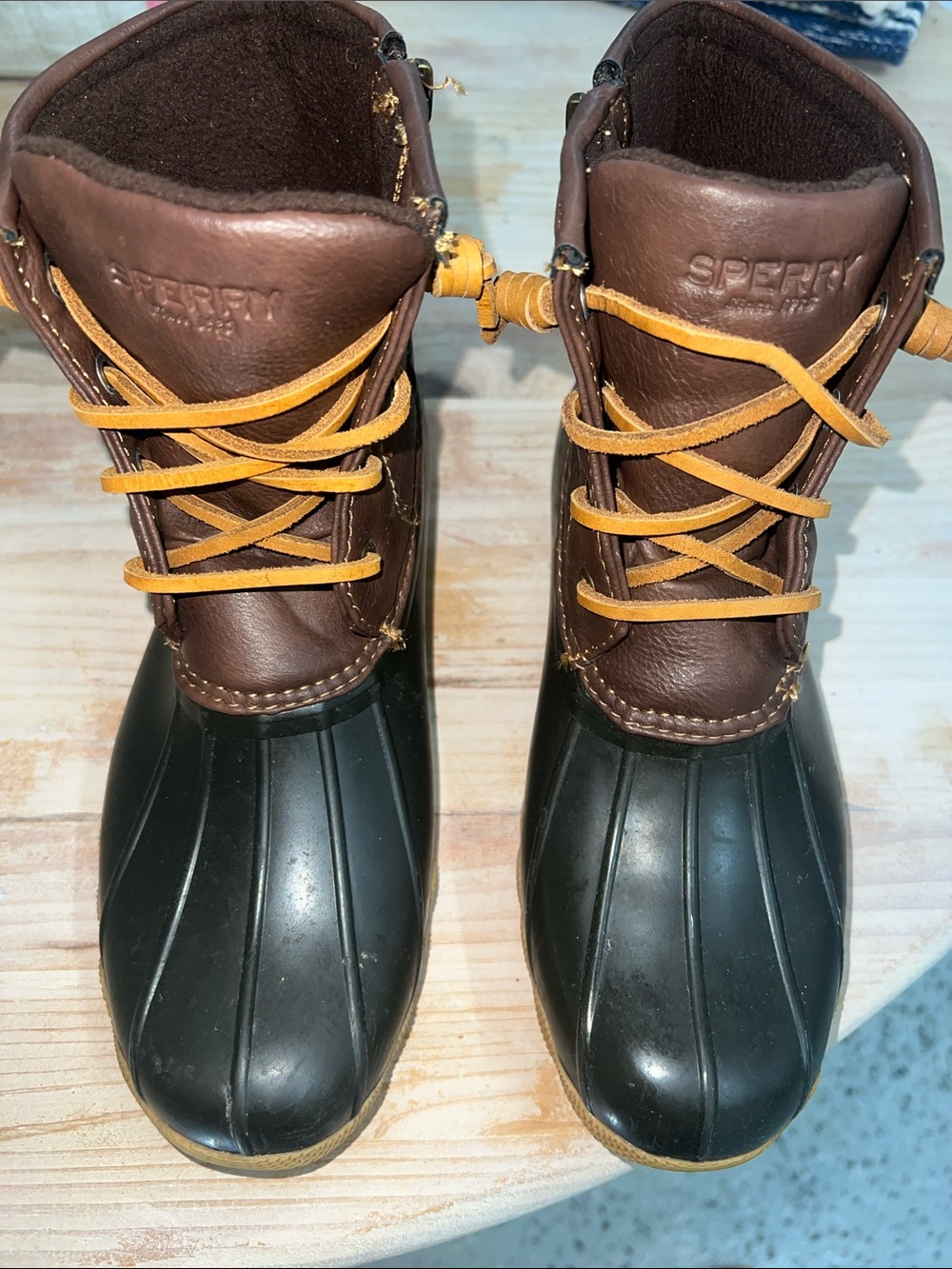 Sperry Brown Leather and Black Rubber Kids Duck Boots with Tan Laces